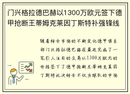门兴格拉德巴赫以1300万欧元签下德甲抢断王蒂姆克莱因丁斯特补强锋线