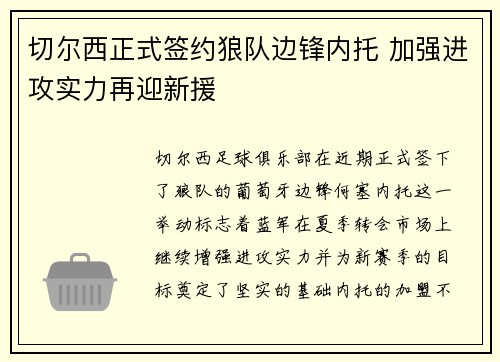 切尔西正式签约狼队边锋内托 加强进攻实力再迎新援